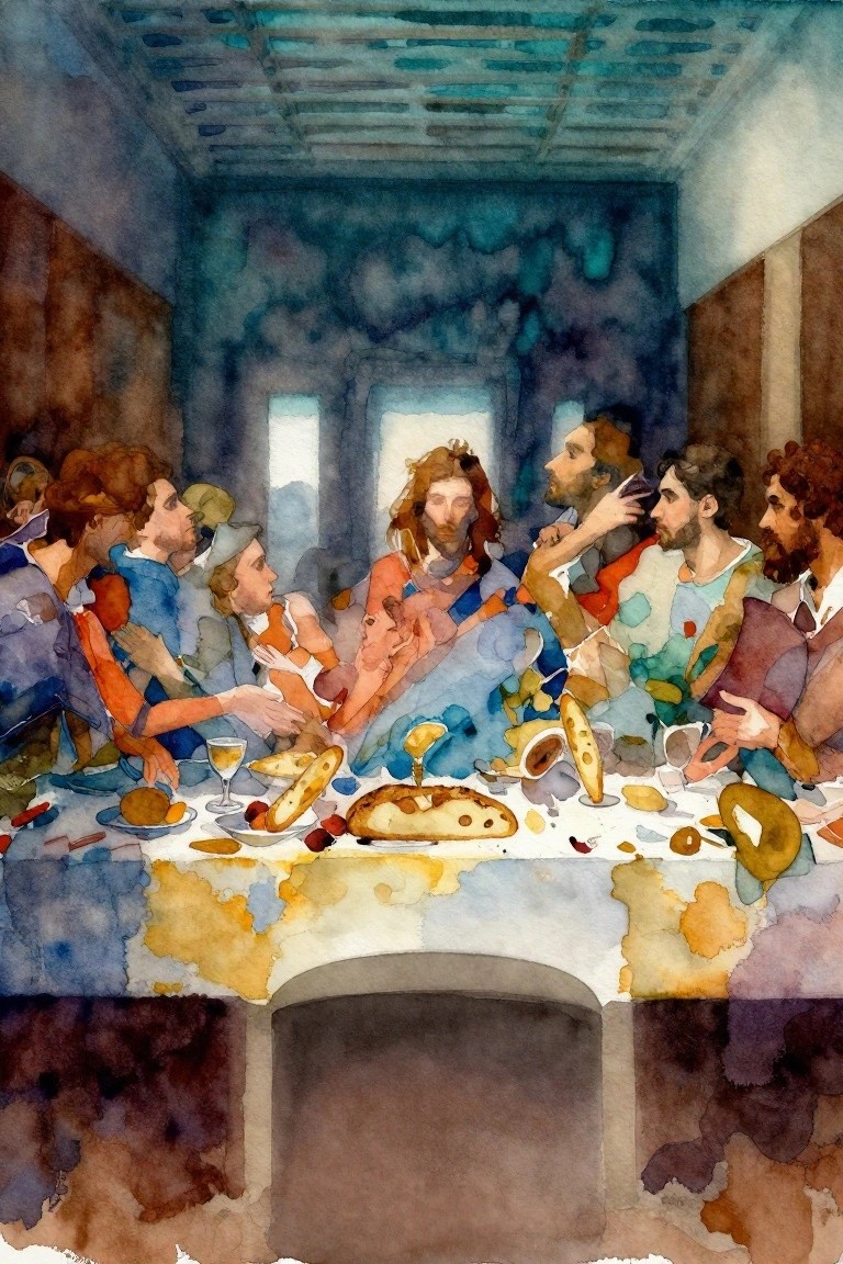 Watercolor painting of the Last Supper scene with Jesus and apostles around a table covered in pizza slices and food.