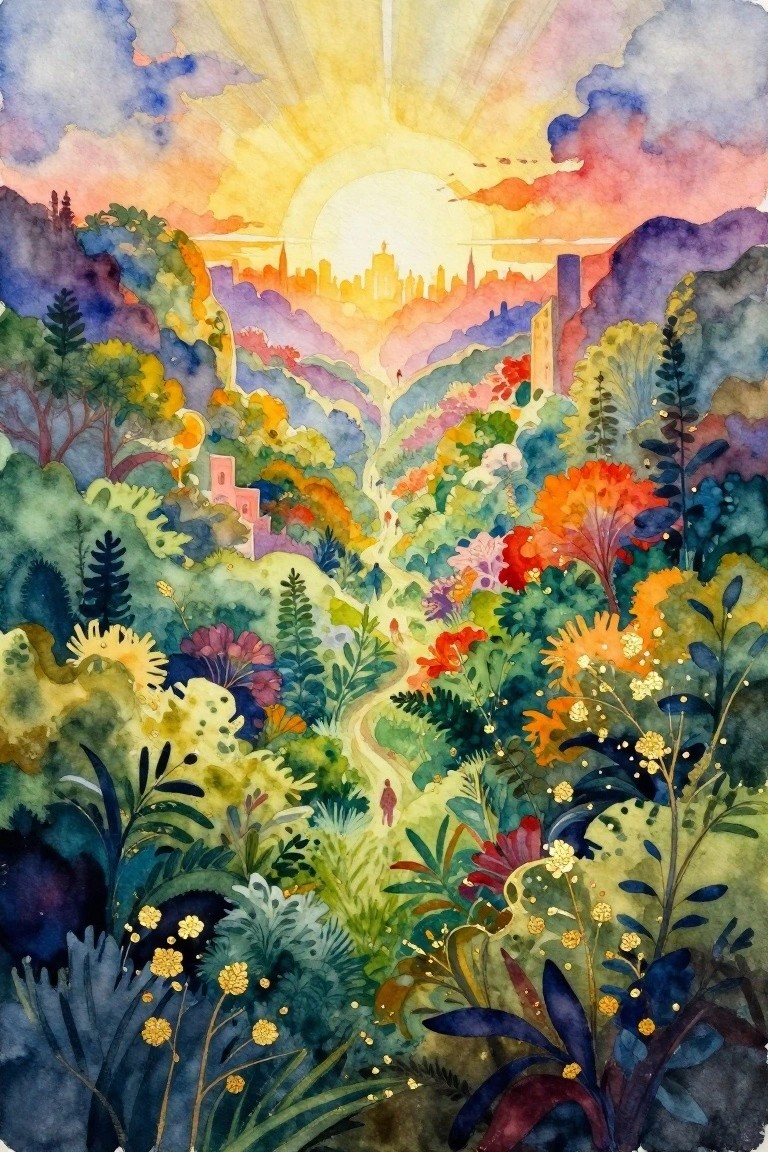 Watercolor painting of a winding path through dense, colorful vegetation leading toward a glowing sunset sun over a distant city on hills.