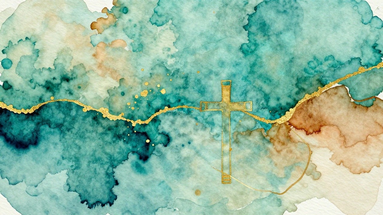 A detailed golden cross with engraved patterns centered on a teal watercolor background.