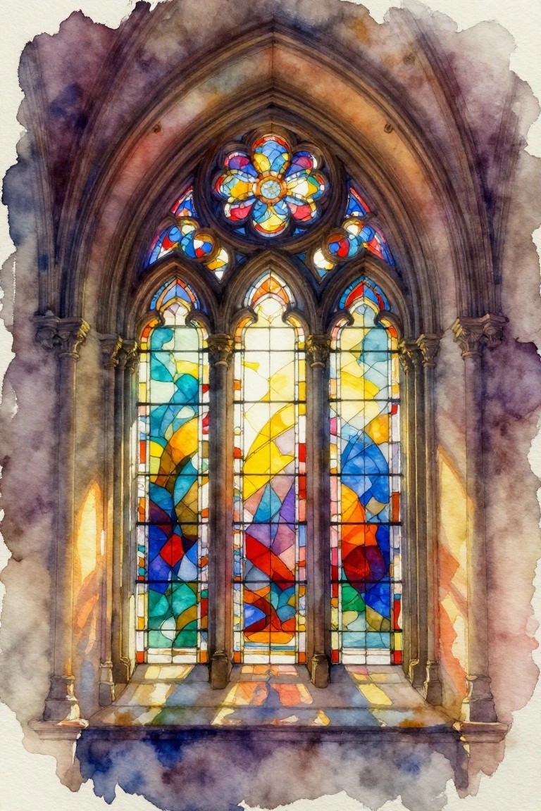 Watercolor of a tall Gothic church window with multicolored stained glass panes and sunlight beams on the stone sill.