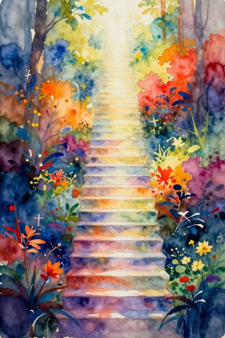 Watercolor of a luminous staircase leading upward through colorful garden flowers and plants with small crosses.