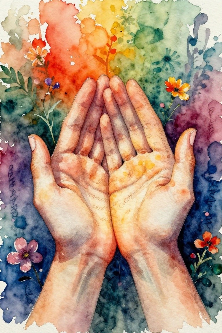 Watercolor painting of two hands held in prayer position surrounded by colorful flowers and paint splashes in rainbow hues.