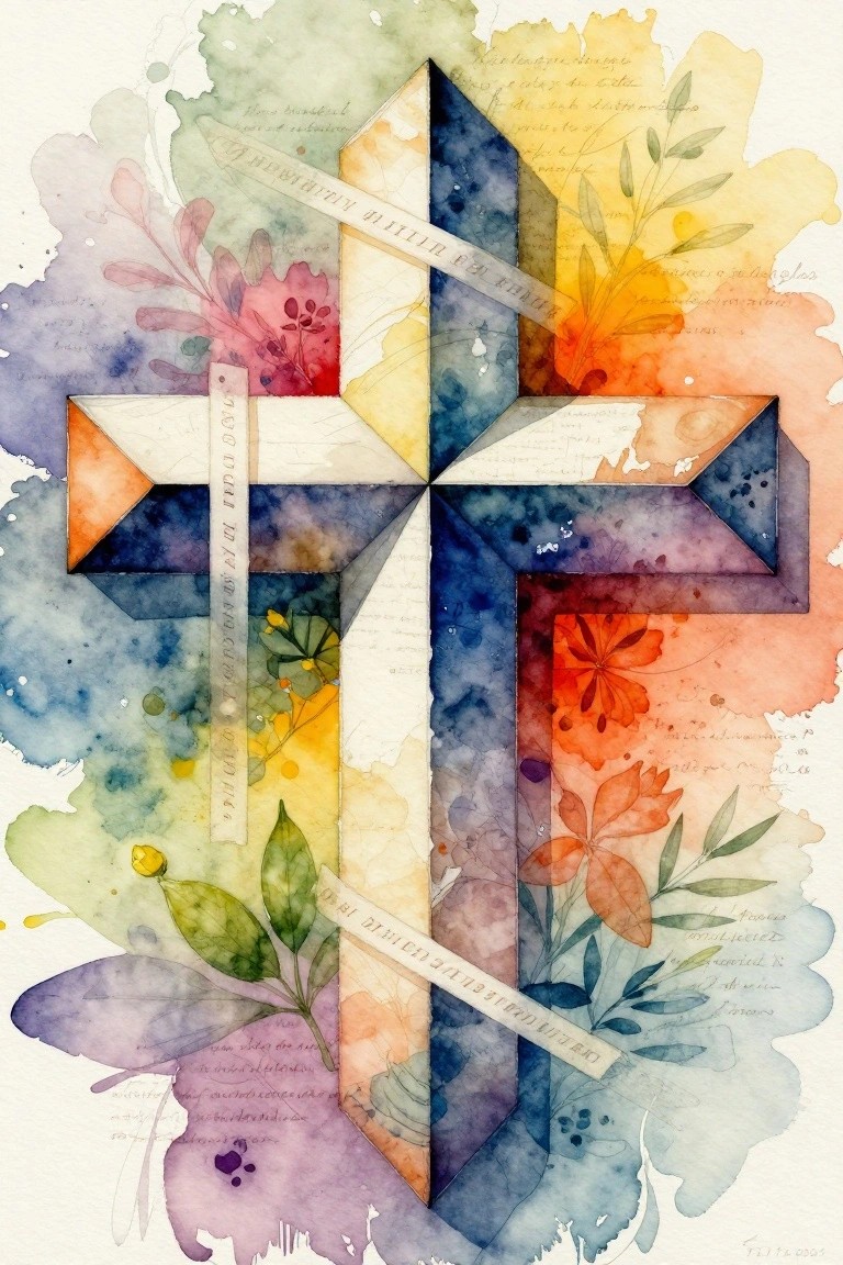 Watercolor painting of a blue and white geometric cross with surrounding flowers, leaves, and handwritten script in multiple colors.