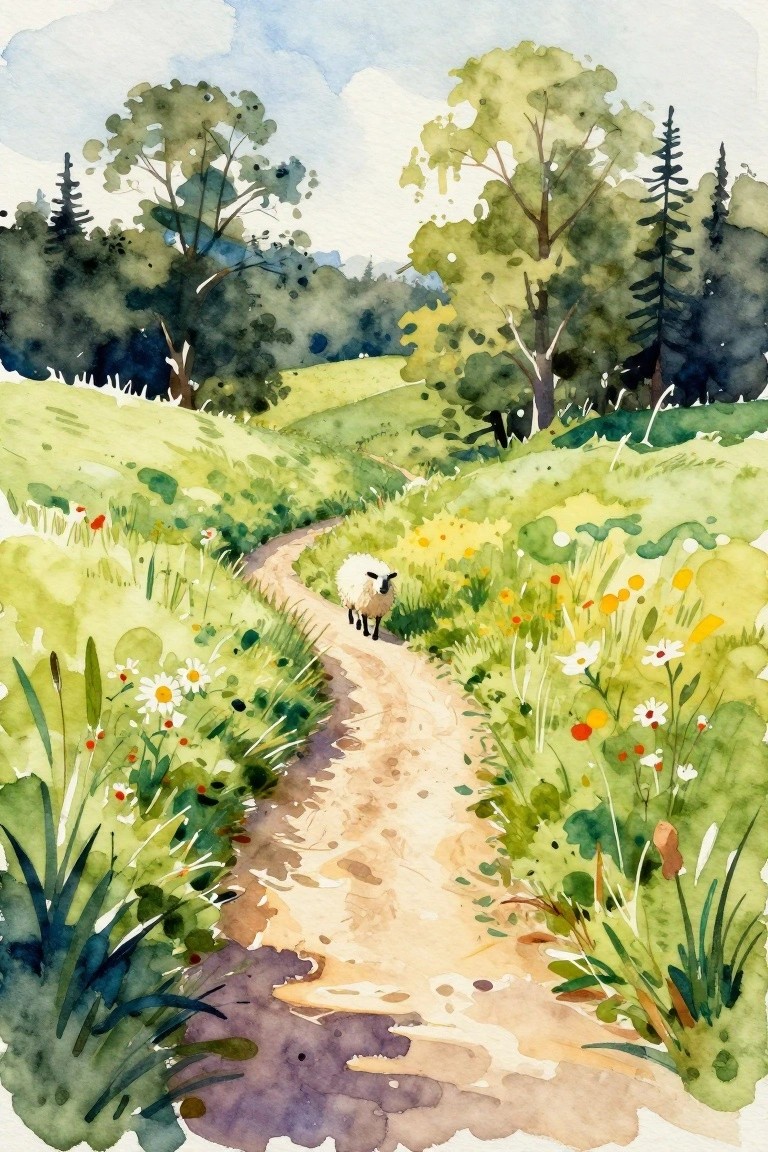 Watercolor landscape of a white sheep with black face walking a winding dirt path through a green meadow with wildflowers, grasses, and trees under a cloudy sky.