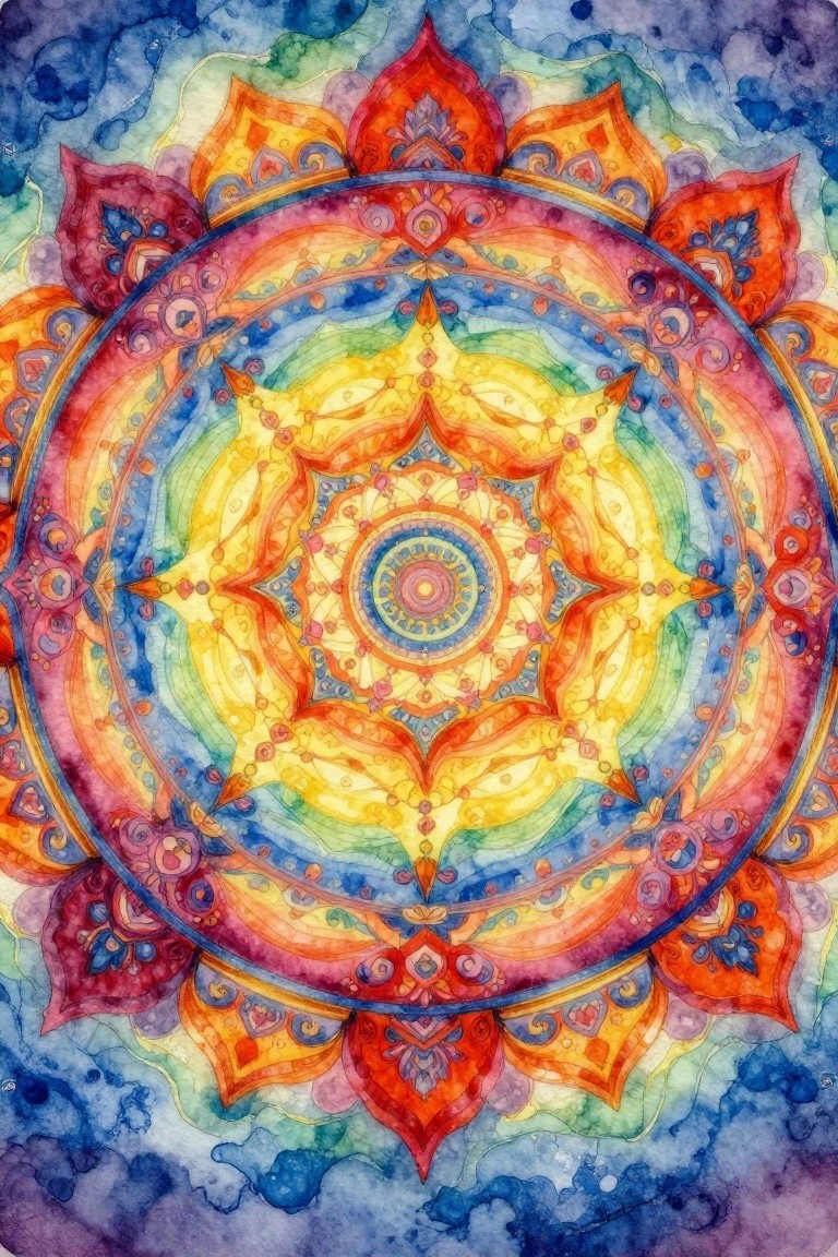Watercolor mandala with symmetrical floral and geometric patterns in rainbow colors on a blue background.