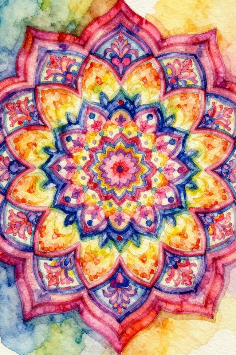 Watercolor mandala with symmetrical floral and geometric patterns in vibrant pinks, blues, yellows, oranges, and greens.