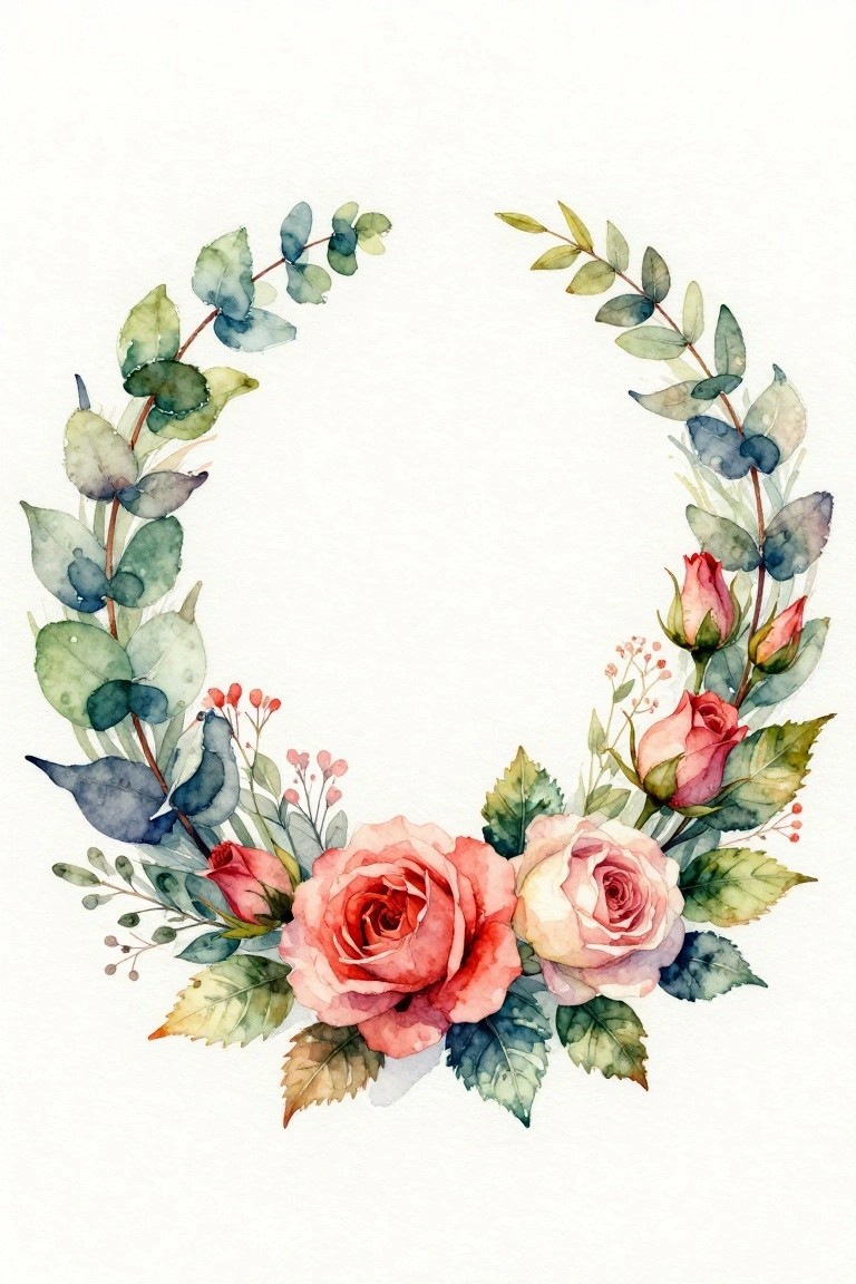 Watercolor wreath of green eucalyptus leaves, pink roses and buds, red berries, and a small bird on white background.