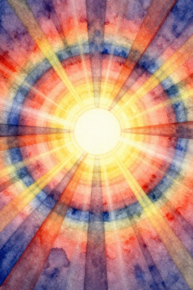 Watercolor painting of a central white sun orb with yellow glow, surrounded by rainbow-colored concentric rings and radiating rays in purple, blue, red, orange, and yellow.