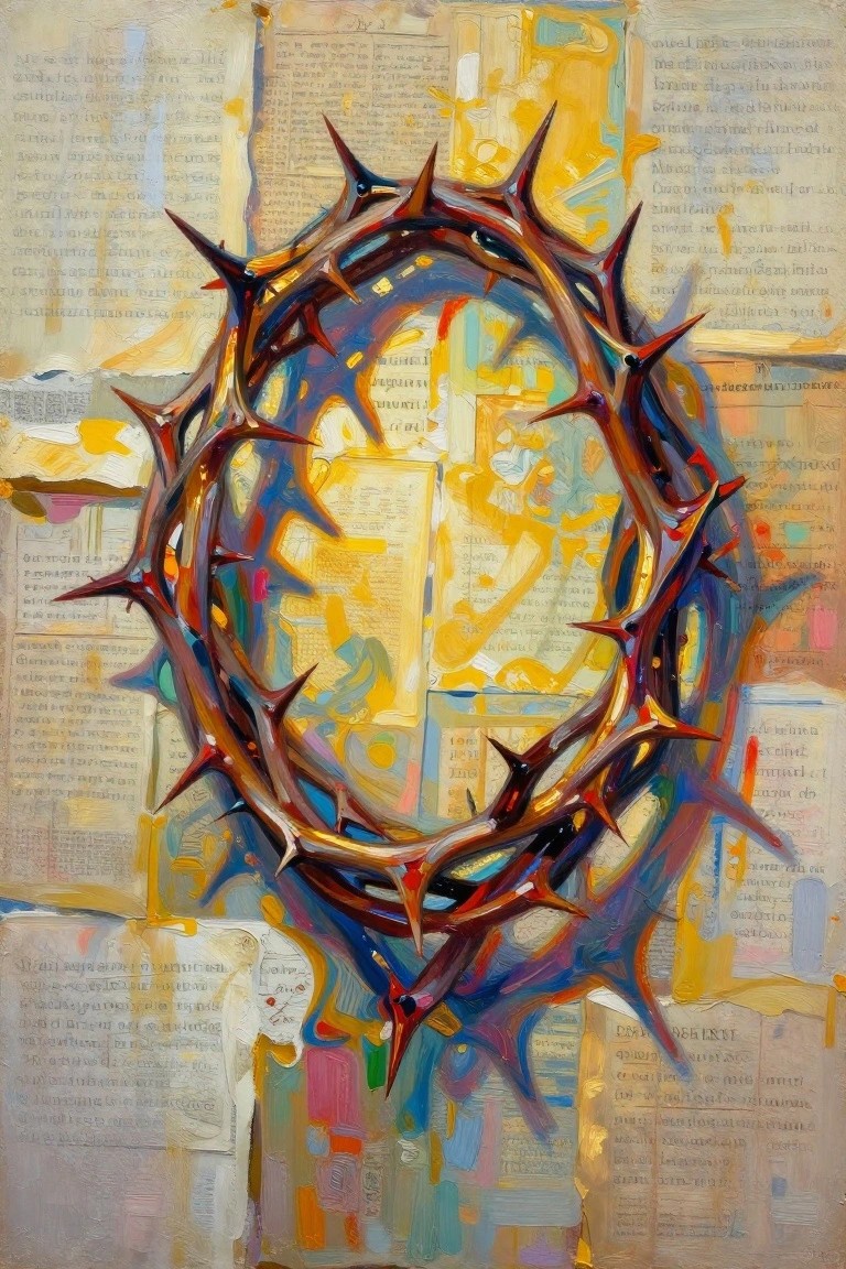 Colorful abstract painting of a red and thorny crown of thorns on layered torn pages with ancient scripts in Greek, Hebrew, and Thai.