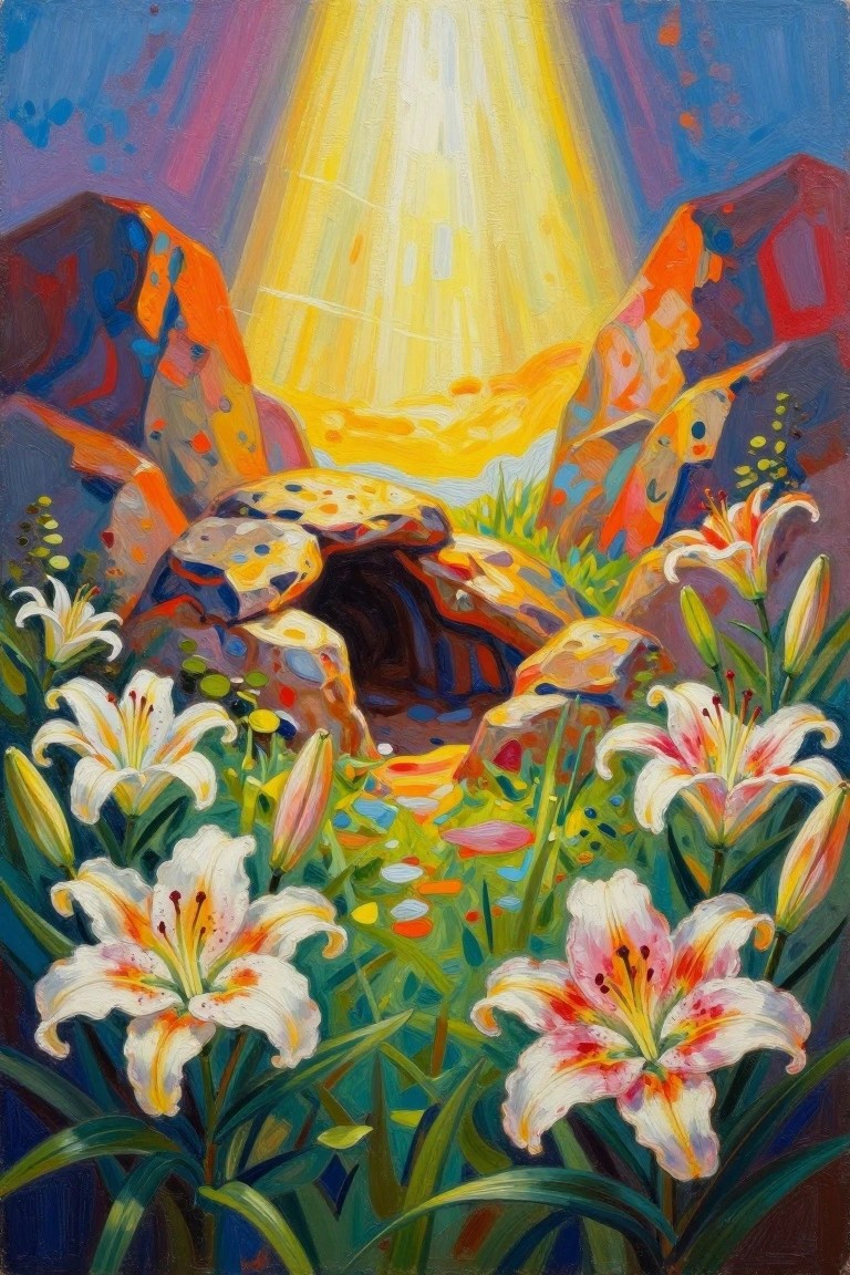 Vibrant painting of an empty rock tomb surrounded by white lilies and rocks, with golden light beaming down from between mountains.