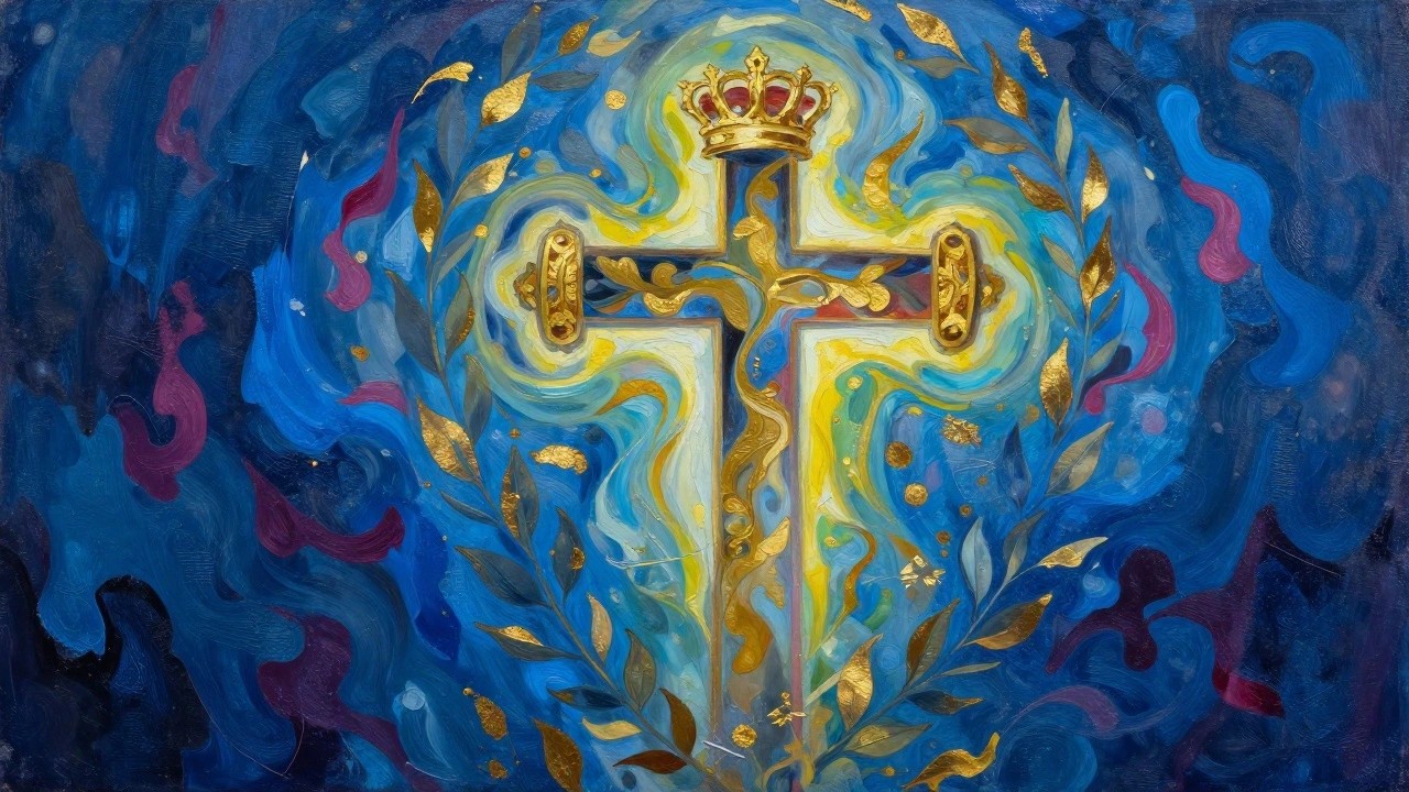 Abstract painting of a glowing golden cross centered within curving golden laurel leaves against swirling purple, blue, and pink background.