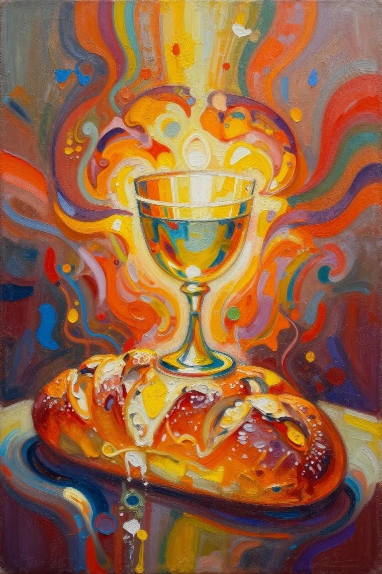 Vibrant abstract oil painting of a glowing chalice atop braided bread loaf with swirling colorful waves radiating outward.