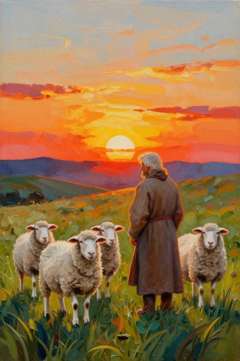 A robed elderly shepherd stands facing a vibrant orange sunset over hills, with four white sheep in green grass around him.