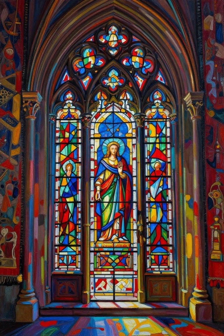 Vibrant painting of a Gothic cathedral stained glass window depicting the Virgin Mary holding the Christ child, with surrounding colorful panels and light on the interior floor.