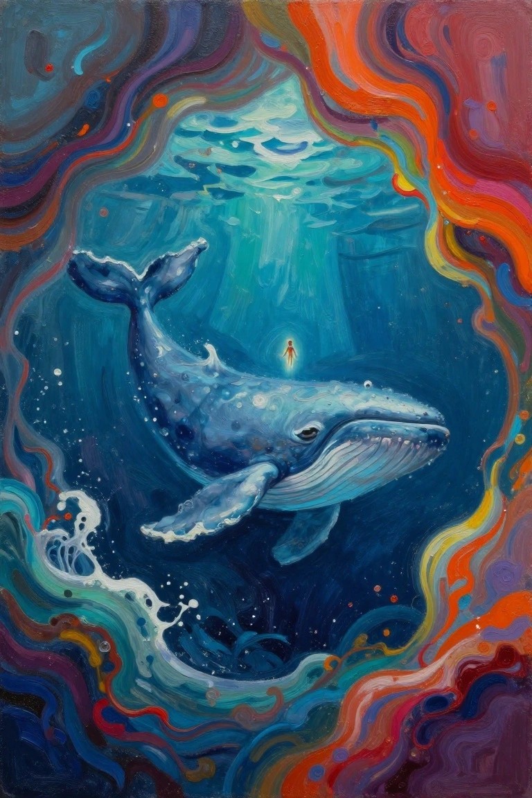 Blue humpback whale underwater with small glowing orange figure standing on its back, light rays above, surrounded by swirling colorful border shapes.
