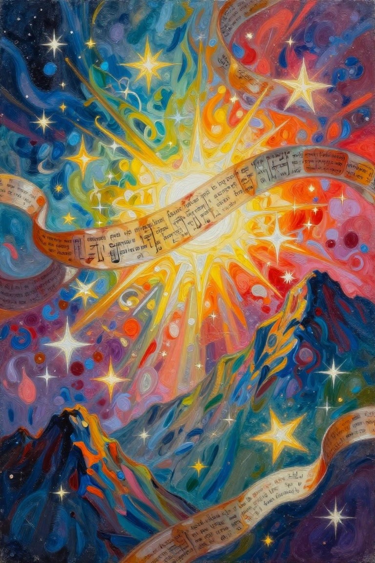 Abstract painting with golden central sunburst, swirling Hebrew Psalm 23 scrolls with musical notation, stars, cosmic swirls, and mountains in vibrant colors.