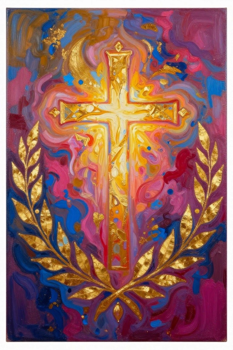 Abstract painting of a glowing golden cross centered within curving golden laurel leaves against swirling purple, blue, and pink background.