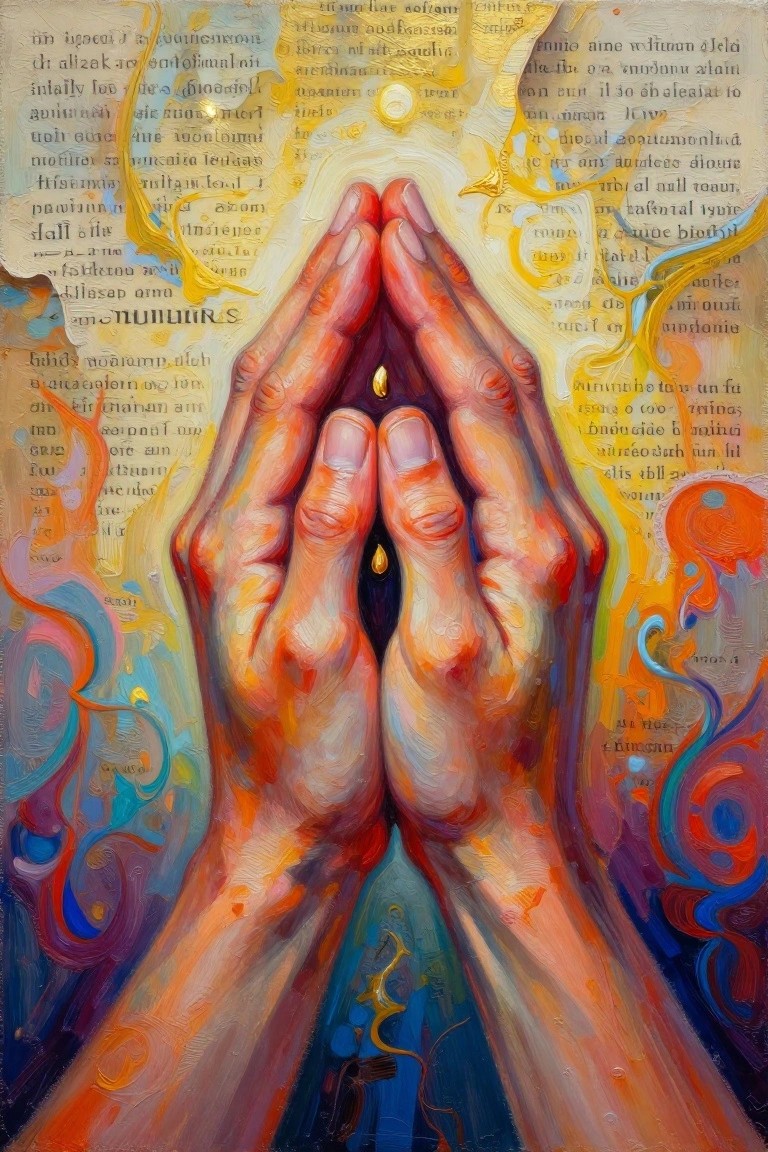 Close-up oil painting of two hands in prayer position with a luminous drop between palms, set against abstract flames, colorful swirls, and overlaid foreign texts.