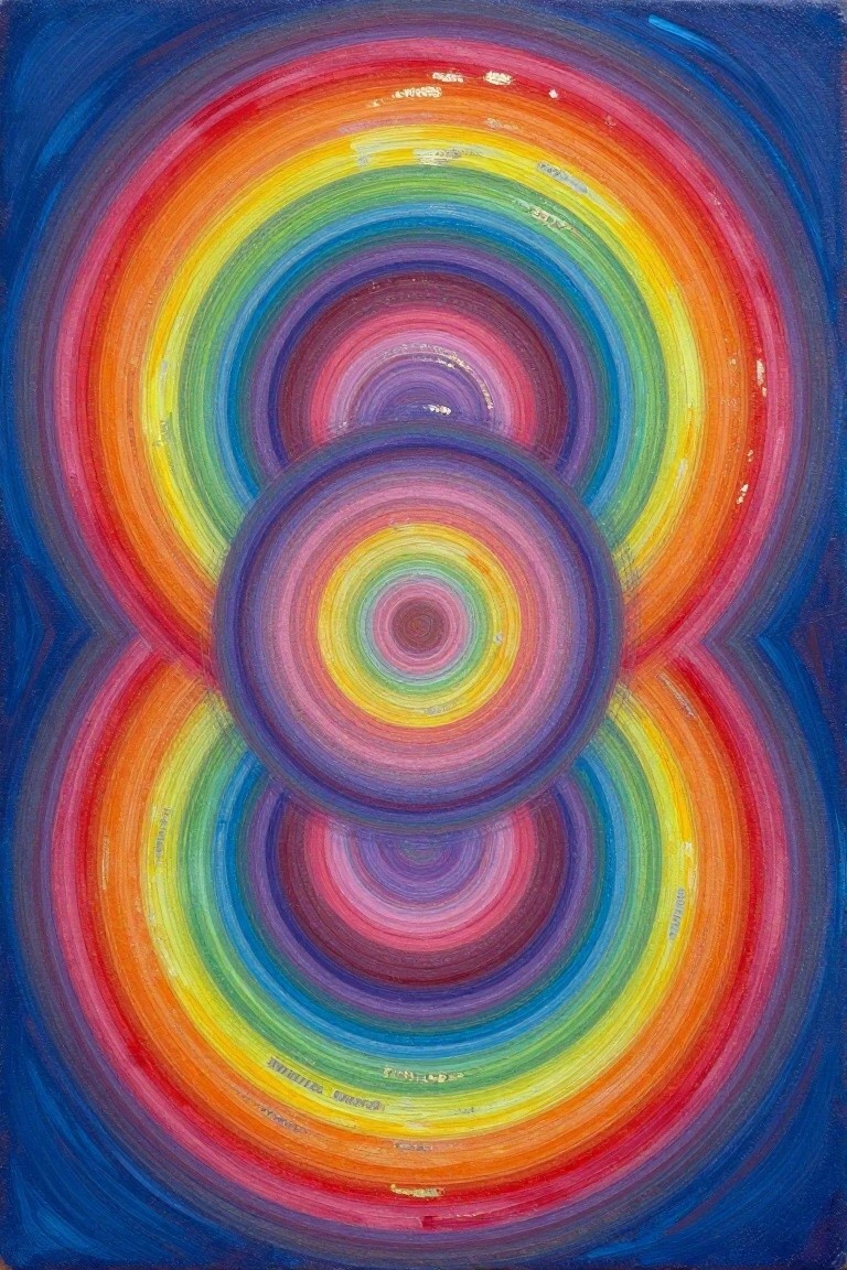 Abstract canvas painting of overlapping concentric rainbow circles arranged in a vertical figure-eight symmetry on a deep blue background.