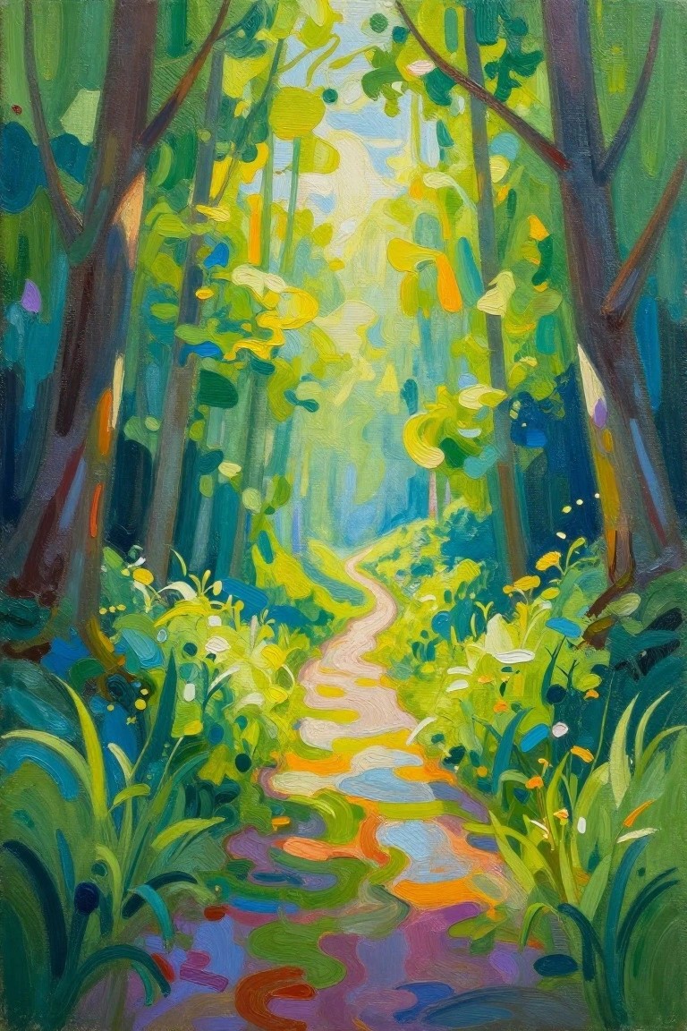 Vibrant painting of a curving sunlit path winding through tall green trees and foliage with colorful highlights.