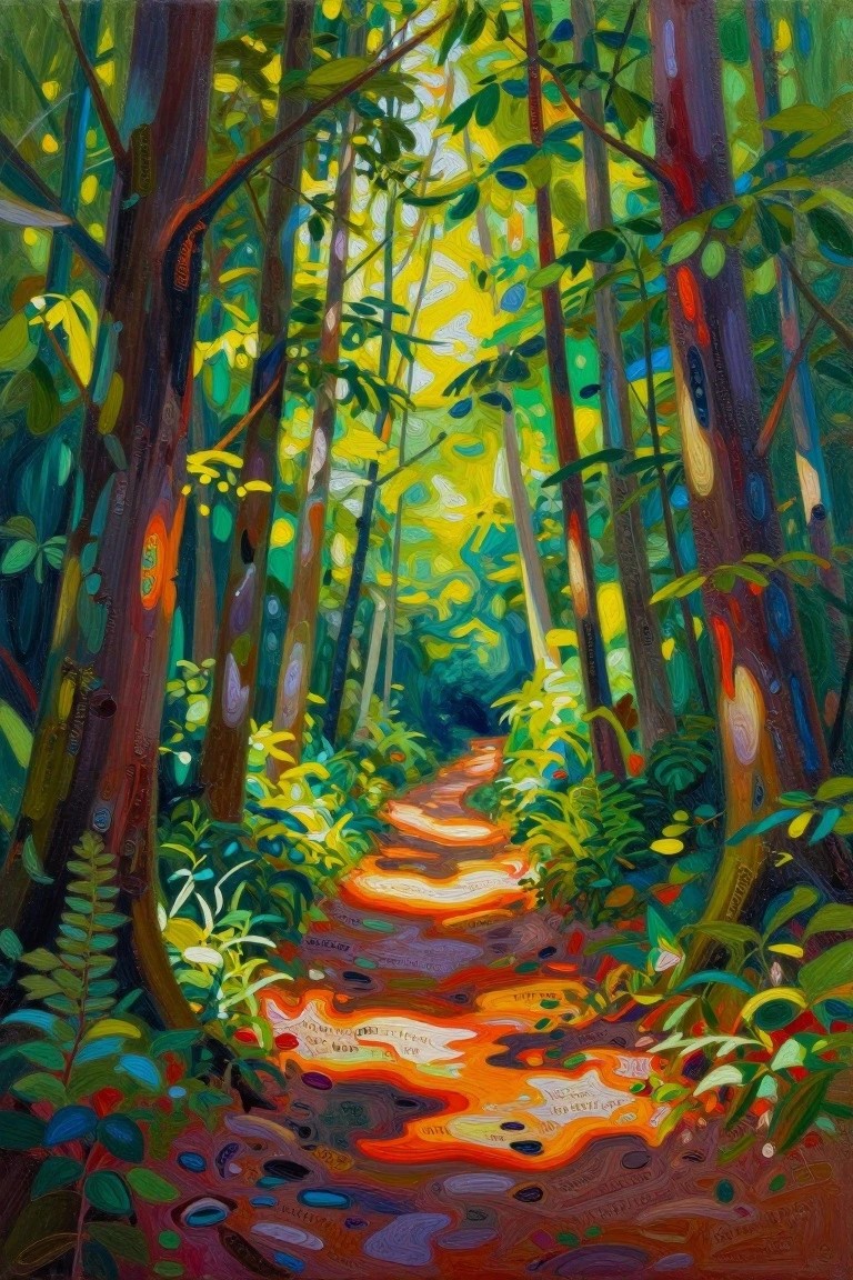 Colorful painting of a winding orange path through tall green trees with sunlight filtering through the canopy and ferns along the edges.