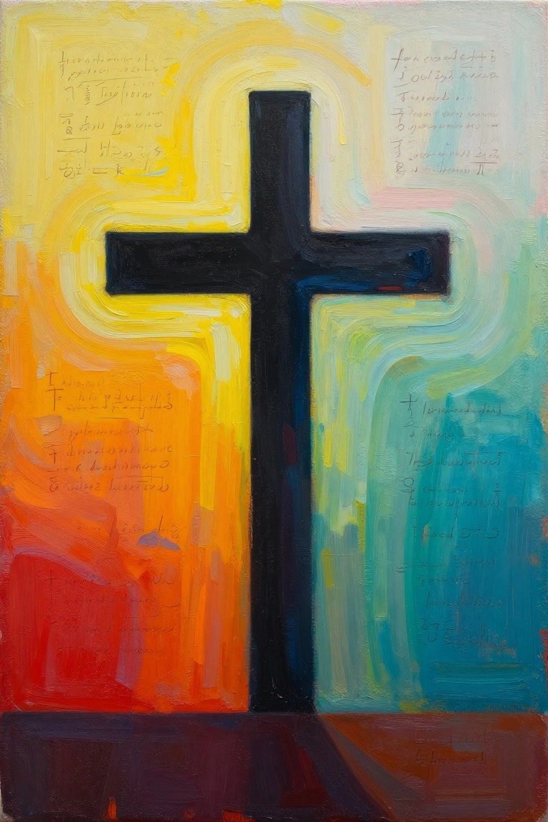 Abstract painting of a central black cross on multicolored gradients with overlaid handwritten script in yellow, orange, red, green, blue, and teal tones.
