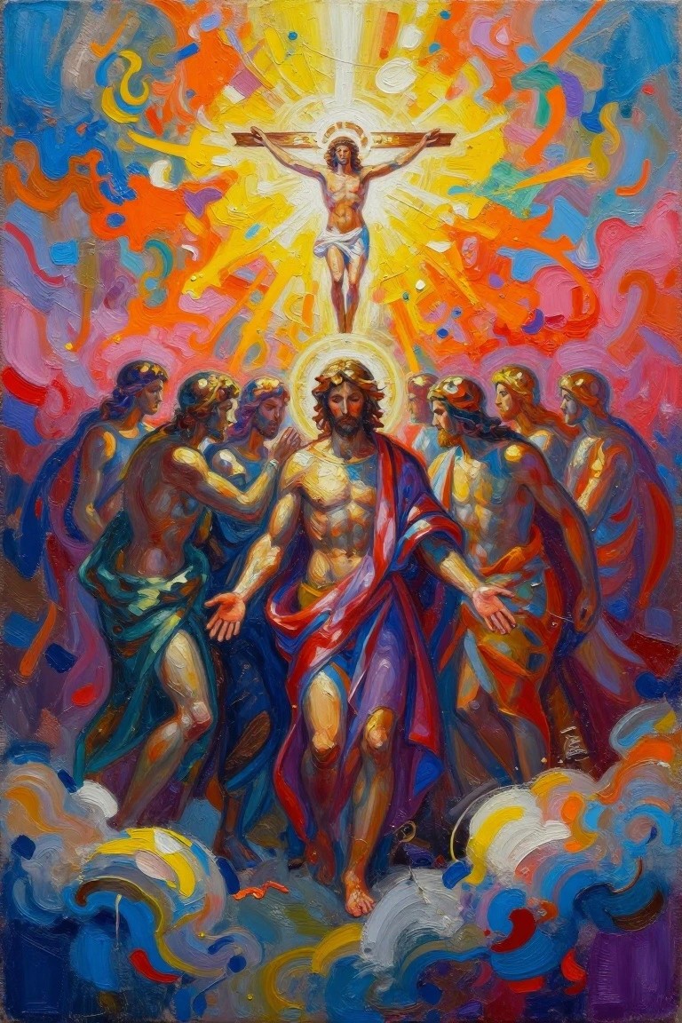Colorful painting of crucified Jesus radiating light above a standing Jesus surrounded by robed apostles on clouds with swirling backgrounds.