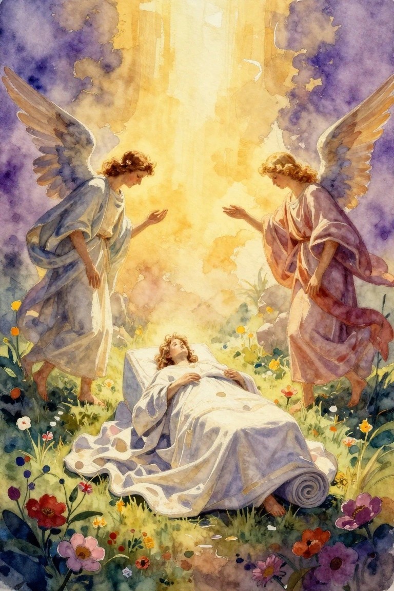 Watercolor painting of two angels in robes flanking a sleeping woman on a white-sheeted bed in a sunny flowery meadow with golden light beaming down.