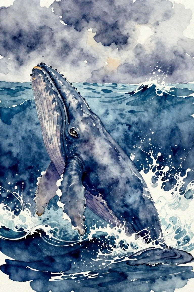 Watercolor painting of a humpback whale breaching from blue ocean waves under gray stormy clouds.