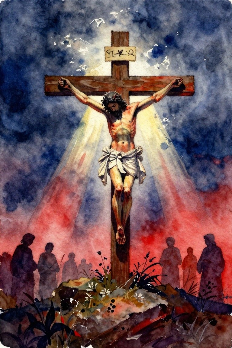 Watercolor-style painting of Jesus crucified on a cross with golden light rays behind him, dark sky, red ground, and shadowy figures below.