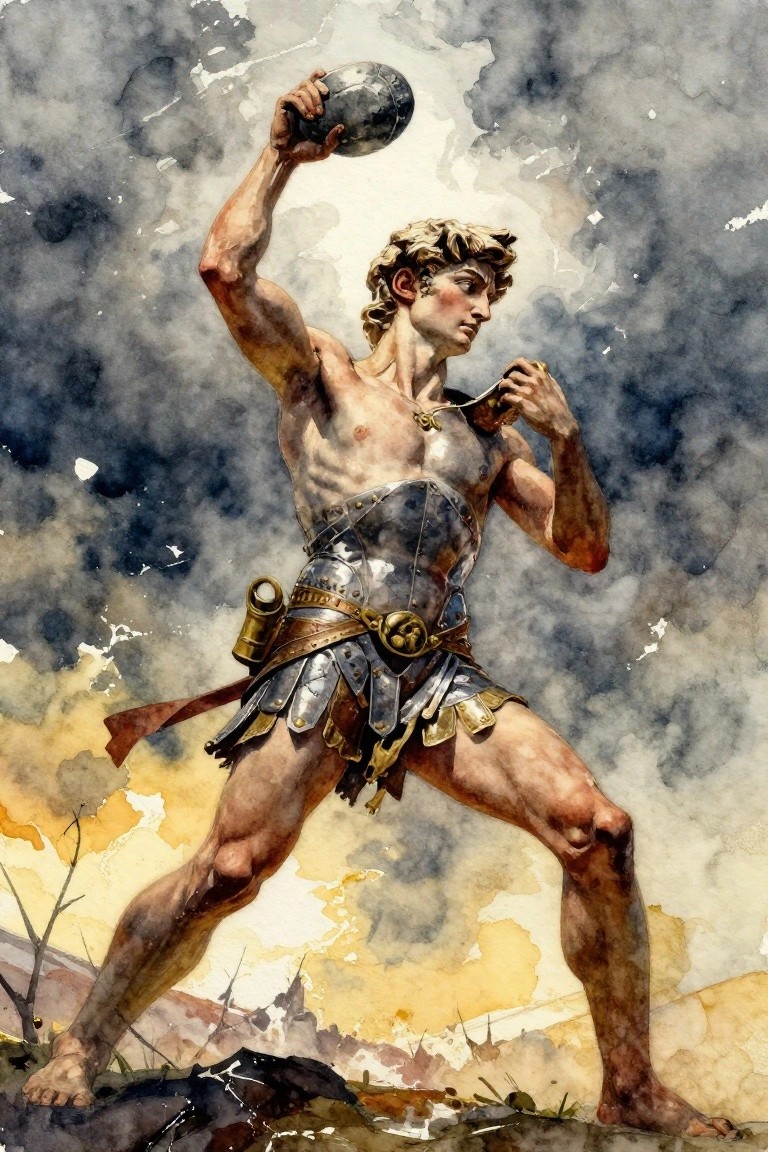 Watercolor of a muscular blond-haired youth in partial ancient armor dynamically raising a round stone overhead in one hand while gripping a strap in the other, set against a stormy sky and rocky ground.