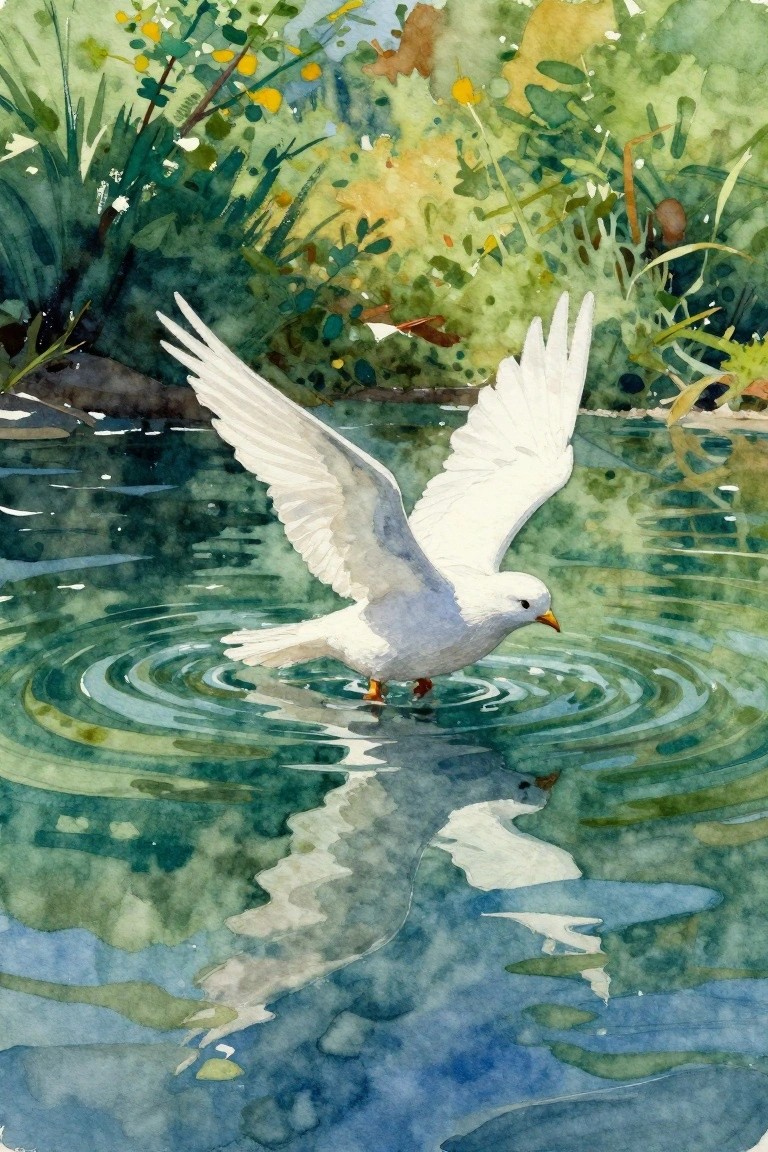 Watercolor of a white dove with spread wings drinking from a pond edged by green plants, rocks, and yellow flowers, with ripples and reflections in teal water.