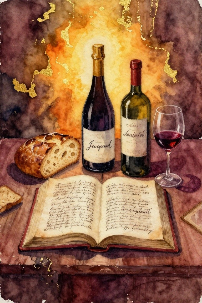 Watercolor still life featuring two wine bottles, a glass of red wine, sliced bread loaves, and an open book with cursive script on a wooden table under golden light.
