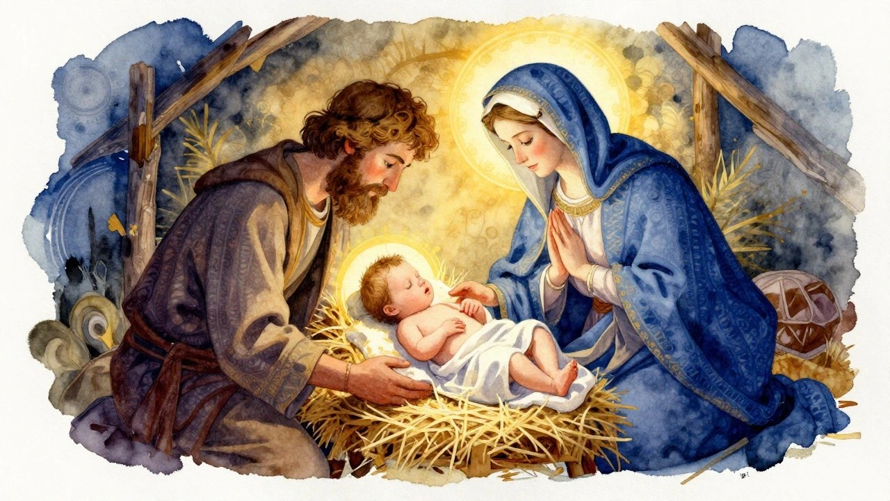 Watercolor painting of Mary in blue robes holding baby Jesus in a hay manger, with Joseph beside them, all under golden halos in a dark blue stable.