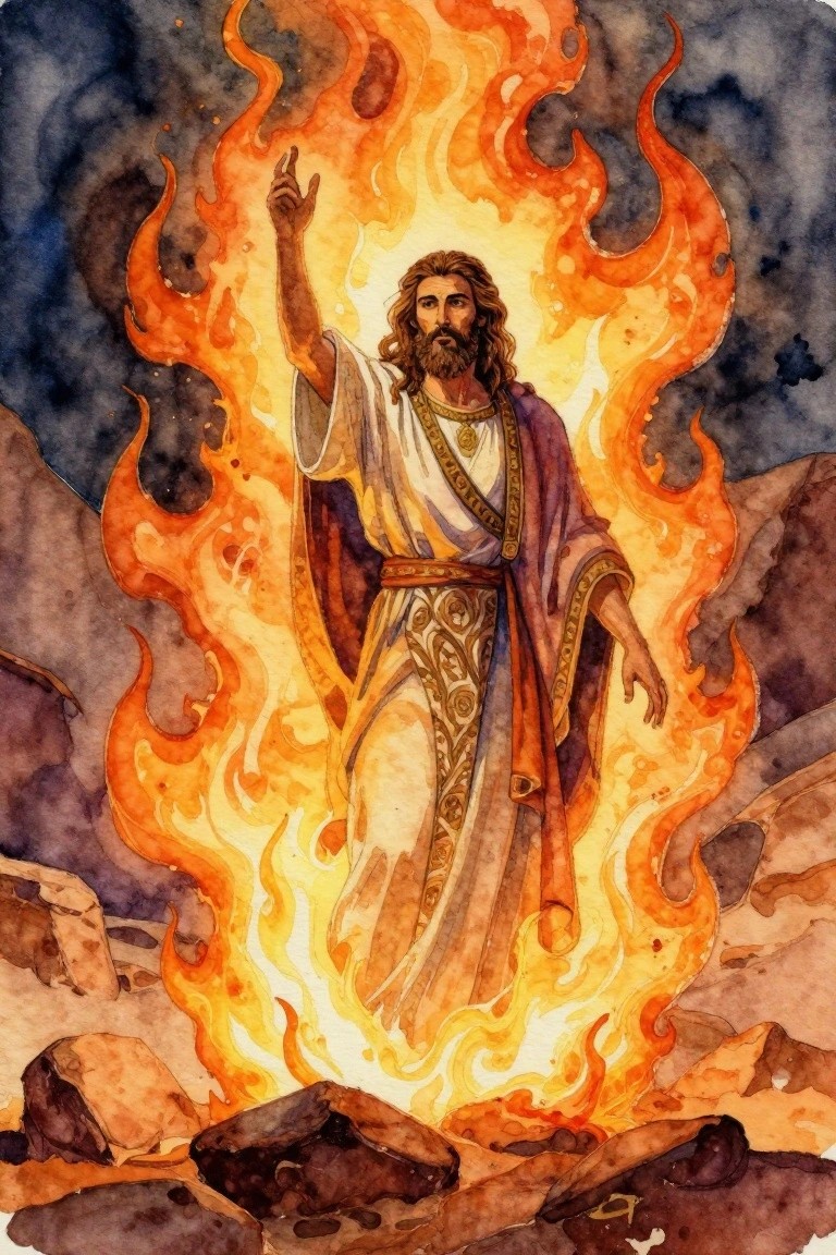 Watercolor painting of bearded Jesus in white and purple robes raising one hand amid swirling orange and yellow flames on rocky terrain.