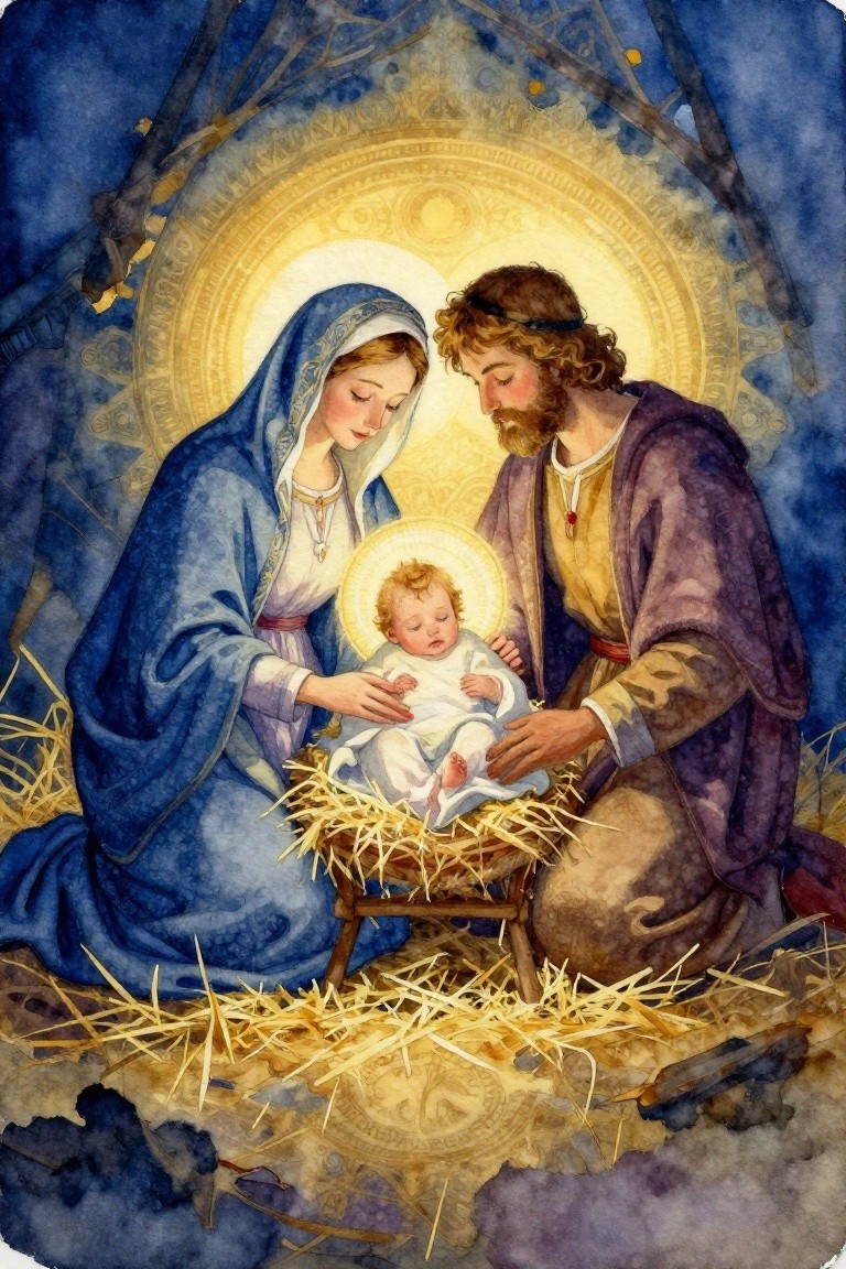 Watercolor painting of Mary in blue robes holding baby Jesus in a hay manger, with Joseph beside them, all under golden halos in a dark blue stable.