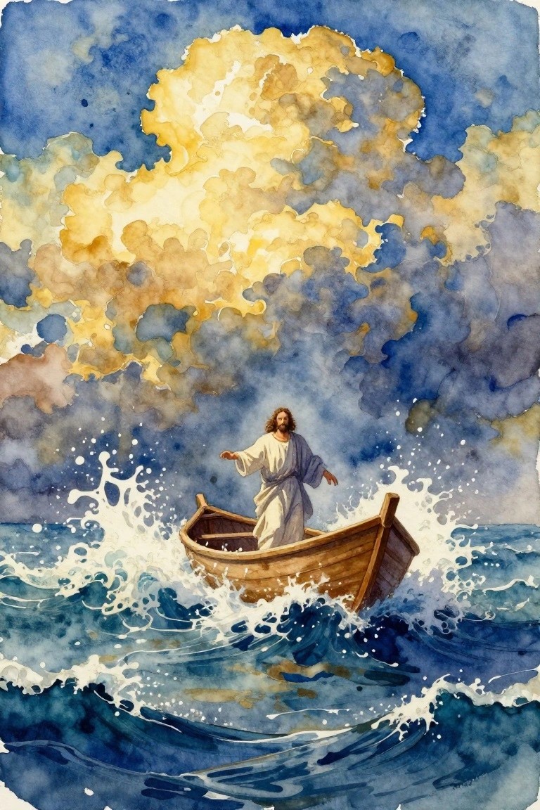 Watercolor painting of Jesus in white robes standing with arms outstretched in a wooden boat amid crashing blue waves under a stormy sky with yellow clouds.
