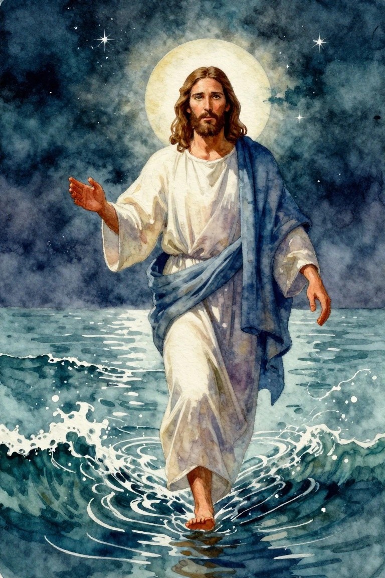 Watercolor painting of Jesus in white and blue robes walking on dark wavy water under a starry night sky and full moon.