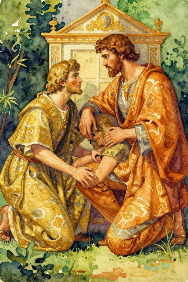 Watercolor painting of a kneeling man in yellow robes washing the foot of a seated bearded man in orange robes, with a golden pavilion and greenery in the background.