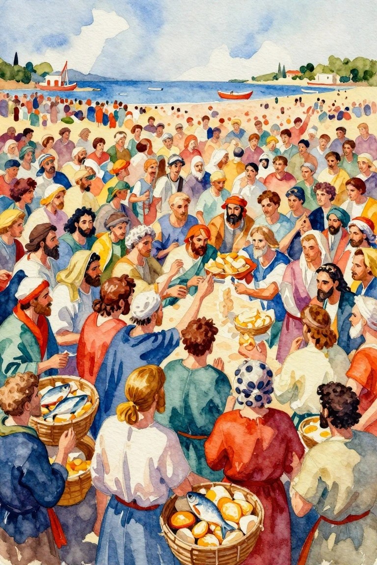 Watercolor of a crowd in robes gathered on a beach around Jesus distributing bread and fish from baskets.