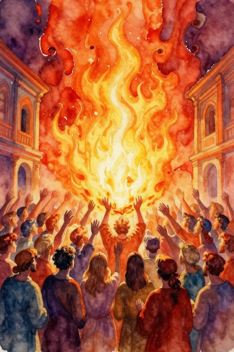 Watercolor-style painting of diverse people in robes raising hands toward a central pillar of orange and yellow flames between two arched buildings.