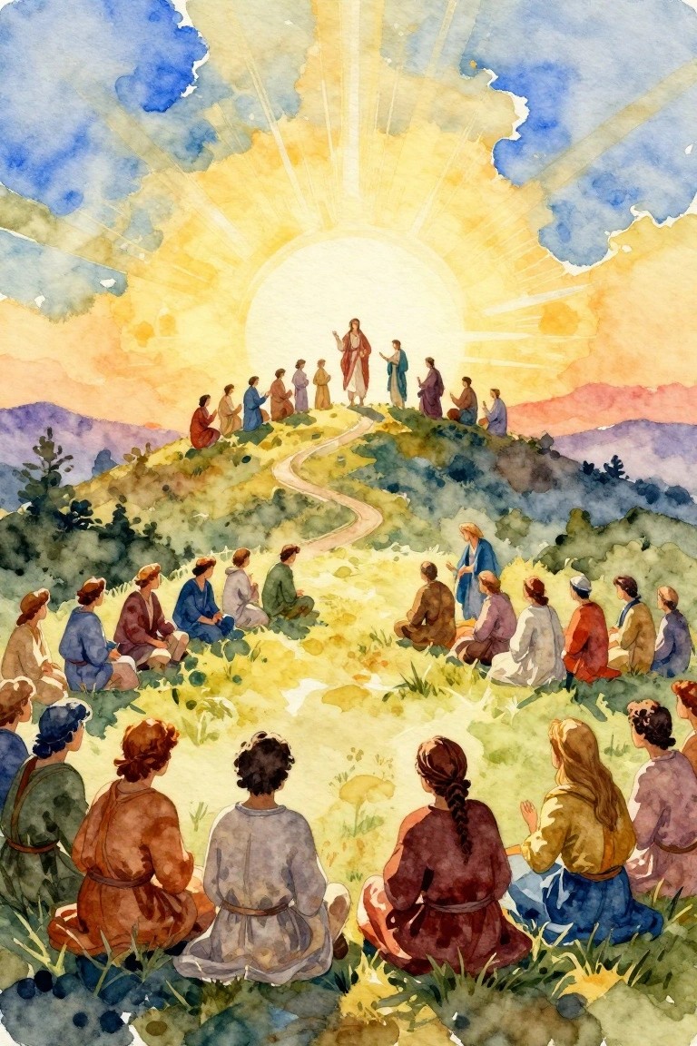 Watercolor of Jesus standing amid golden light rays on a hill, with disciples in robes seated around him on grassy slopes and a winding path nearby.