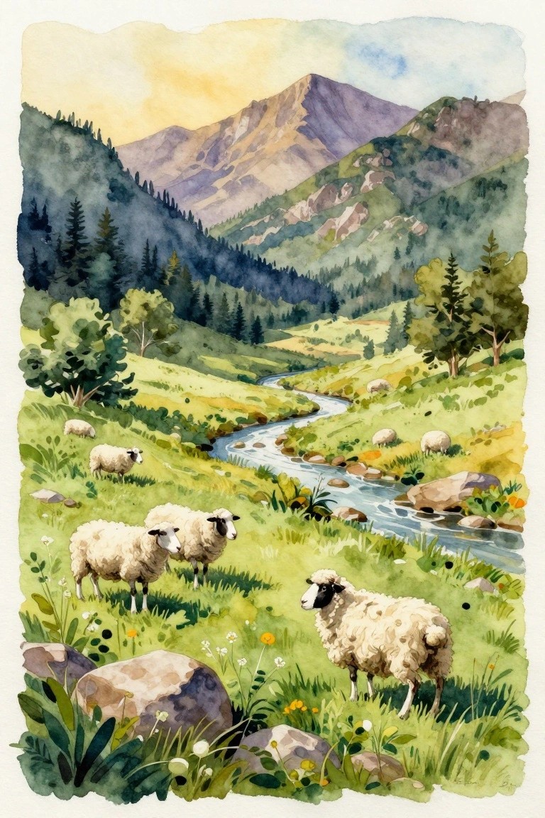 Watercolor landscape of white sheep grazing in green meadows beside a winding stream in a mountain valley with trees, rocks, flowers, and distant peaks under golden light.