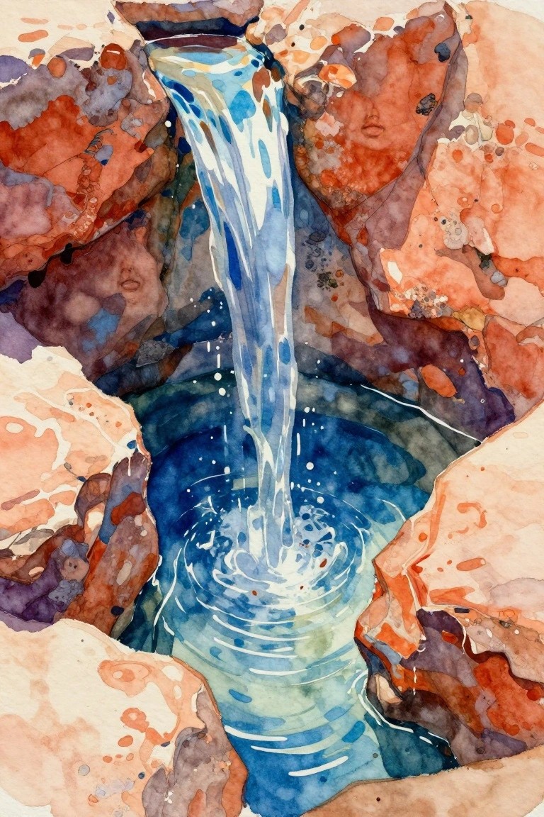 Watercolor of a waterfall pouring from a red rock crevice into a blue pool surrounded by textured stone walls.