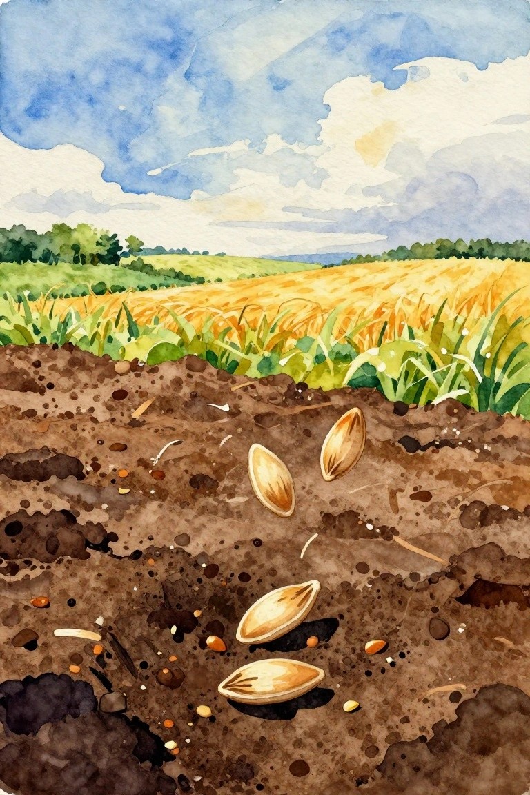 Watercolor landscape with seeds falling into plowed brown soil in the foreground and a golden wheat field under a blue cloudy sky in the background.