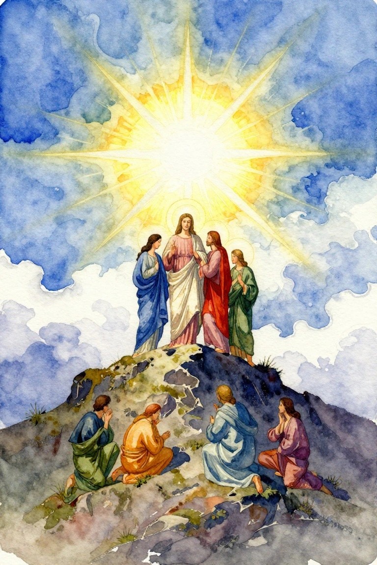 Watercolor of Jesus glowing with halo and light rays on a mountain, standing with Moses and Elijah above kneeling disciples in colorful robes against blue cloudy sky.
