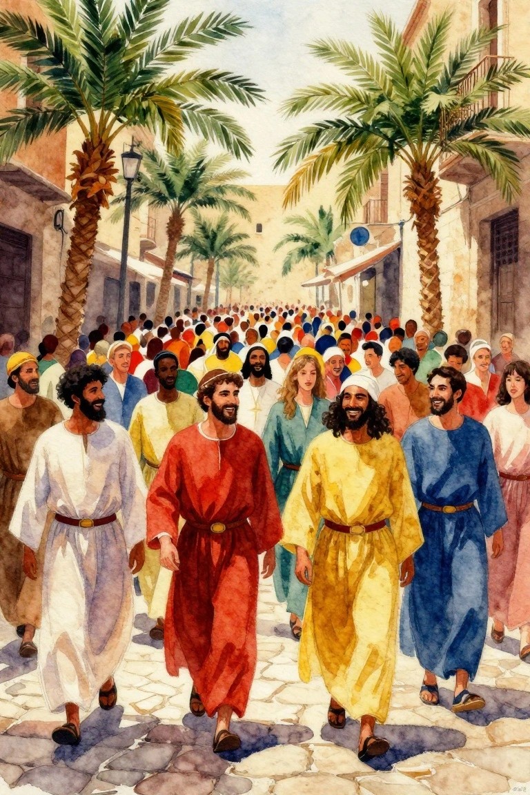 Watercolor of Jesus in red robe leading disciples in white, green, yellow, and blue robes down a crowded palm-tree-lined street toward ancient buildings.