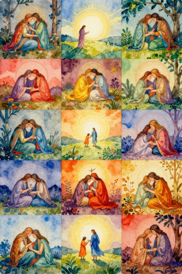 A 4x3 grid of twelve watercolor panels depicting embracing biblical women and child Jesus figures with halos amid colorful landscapes and trees.