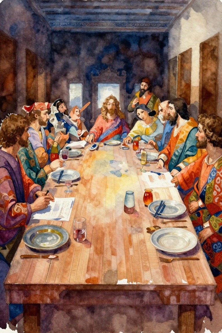Watercolor painting of Jesus and apostles seated around a long table eating and talking during the Last Supper.