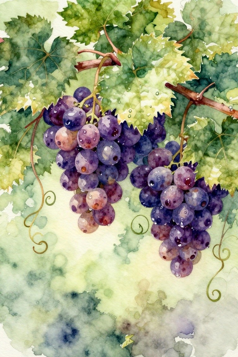 Watercolor painting of purple grape clusters dangling from green vines and leaves on a light background.